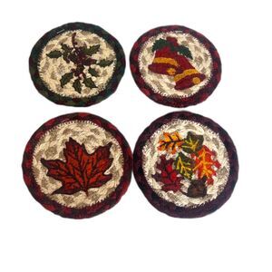 Braided Jute Christmas Fall Themed Coasters Set of 4 NEW Holly Bells Leaves